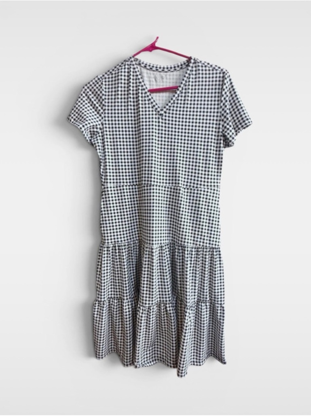 Lands' End Black and White Gingham Tiered V-Neck Midi Dress
